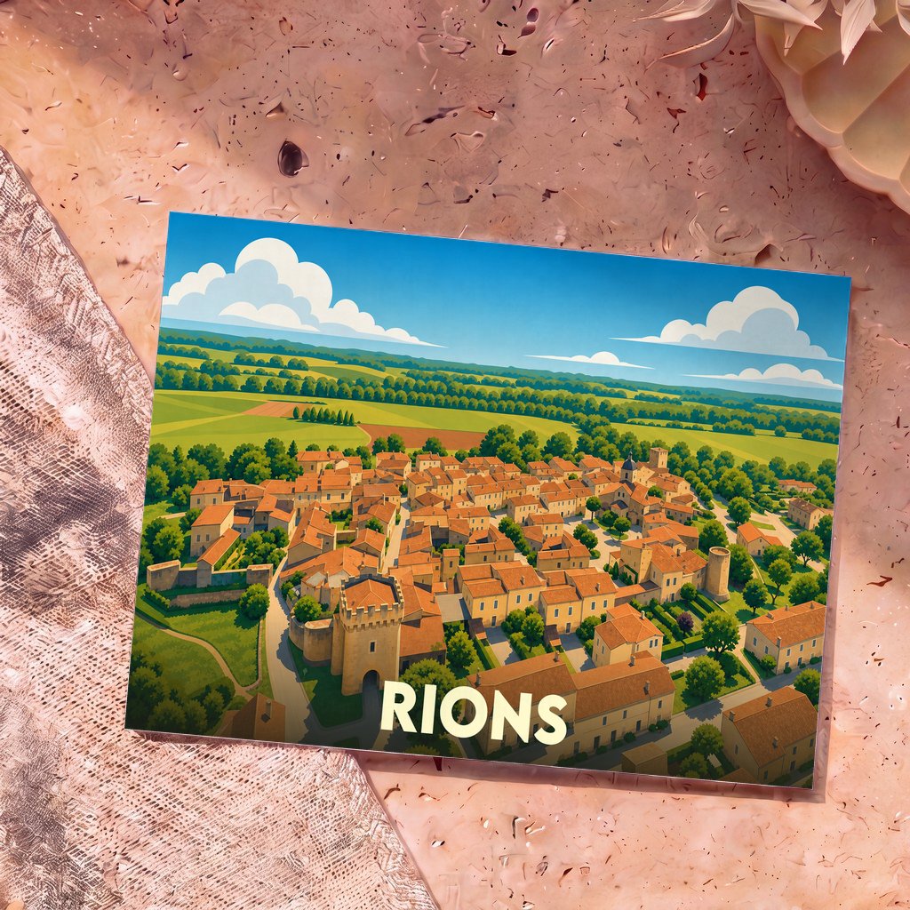 Carte postale souvenir de la ville de Rions avec une illustration stylisée d'un village médiéval niché dans la campagne.
