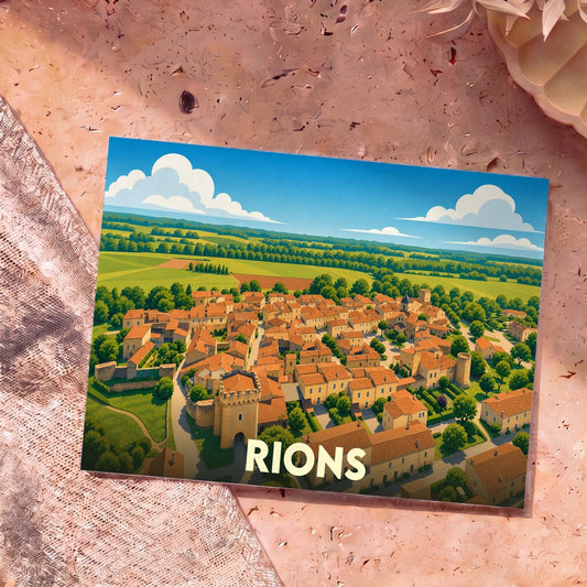 Carte postale souvenir de la ville de Rions avec une illustration stylisée d'un village médiéval niché dans la campagne.