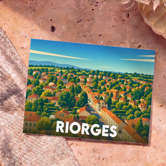 Carte postale souvenir de la ville de Riorges avec une illustration stylisée et colorée d'un paysage urbain verdoyant.