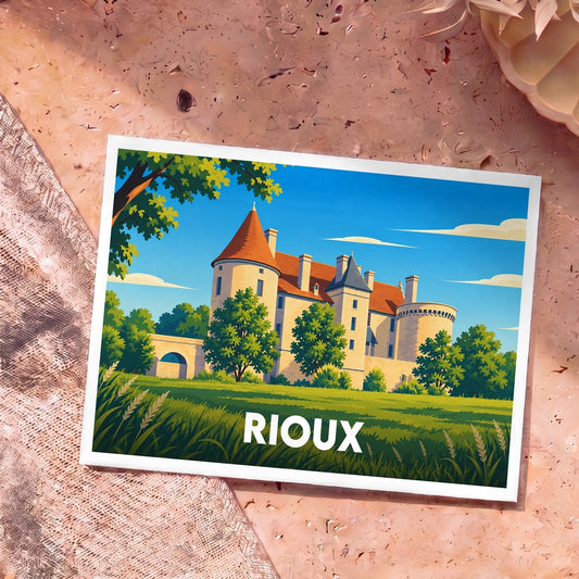 Carte postale souvenir de la ville de Rioux représentant son château avec une illustration stylisée et colorée.