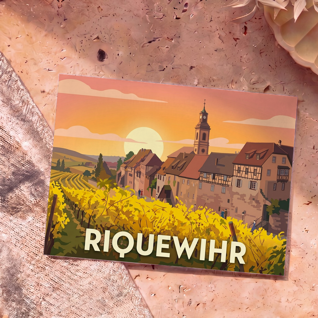 Carte postale souvenir de la ville de Riquewihr illustrant ses vignobles et son architecture traditionnelle au coucher du soleil.