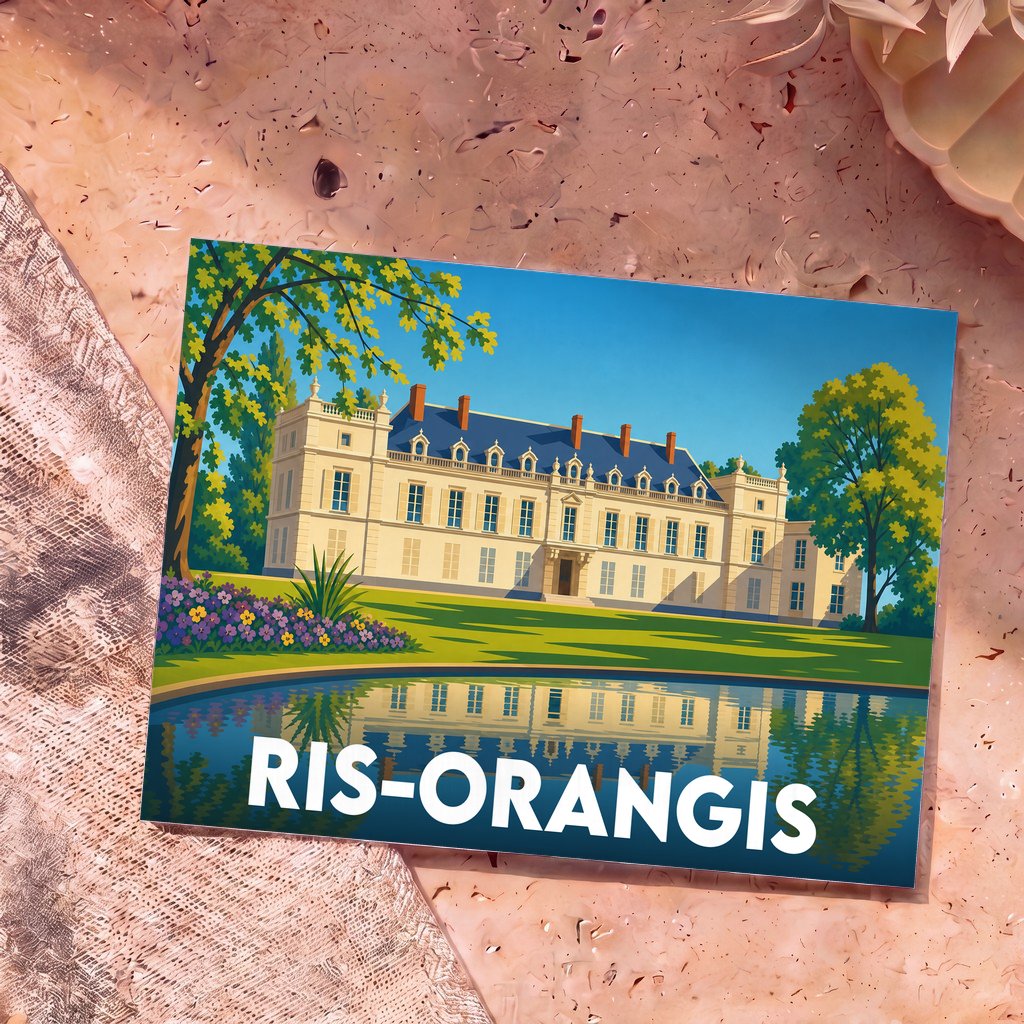Carte postale souvenir de la ville de Ris-Orangis illustrant un château et son parc se reflétant dans l'eau.
