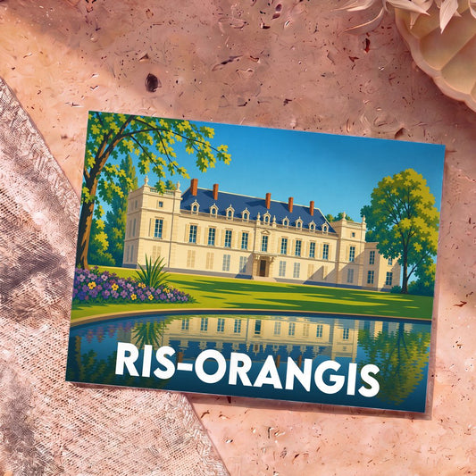 Carte postale souvenir de la ville de Ris-Orangis illustrant un château et son parc se reflétant dans l'eau.