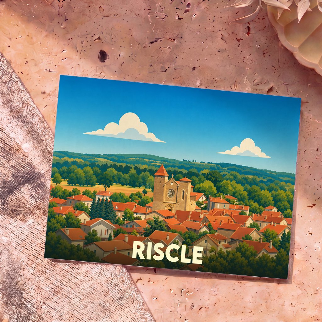 Carte postale souvenir de la ville de Riscle illustrant une vue panoramique du village et de son église.