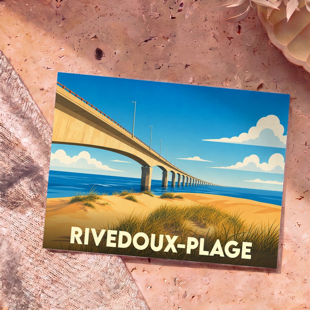 Carte postale souvenir de Rivedoux-Plage avec une illustration stylisée du pont de l'île de Ré surplombant les dunes.
