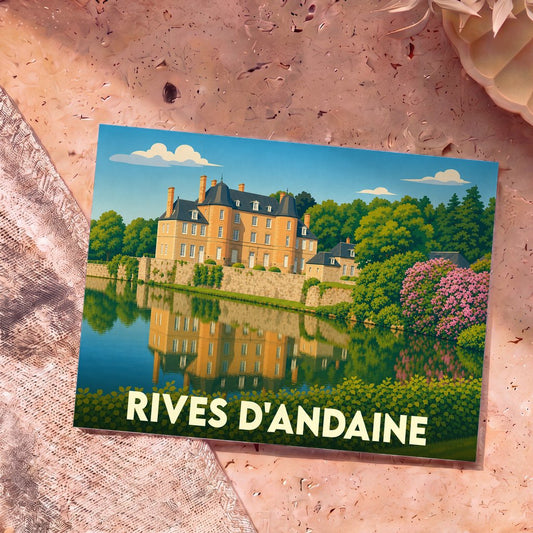 Carte postale souvenir de la ville de Rives d'Andaine illustrant son château se reflétant dans l'eau.