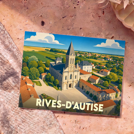 Carte postale souvenir de la ville de Rives-d'Autise avec une illustration stylisée de son abbaye et de ses environs.