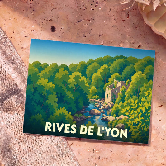 Carte postale souvenir de la commune de Rives de l'Yon avec une illustration stylisée d'un moulin en ruine au bord de l'eau.