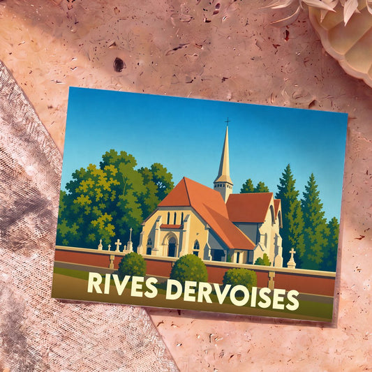 Carte postale souvenir de Rives Dervoises illustrant une église stylisée entourée de verdure.