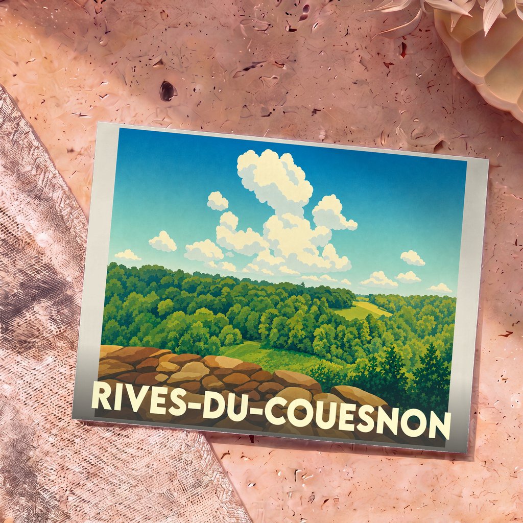 Carte postale souvenir de Rives-du-Couesnon avec une illustration stylisée d'un paysage de forêt sous un ciel nuageux.