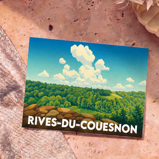 Carte postale souvenir de la ville de Rives-du-Couesnon avec une illustration stylisée de paysages verdoyants.