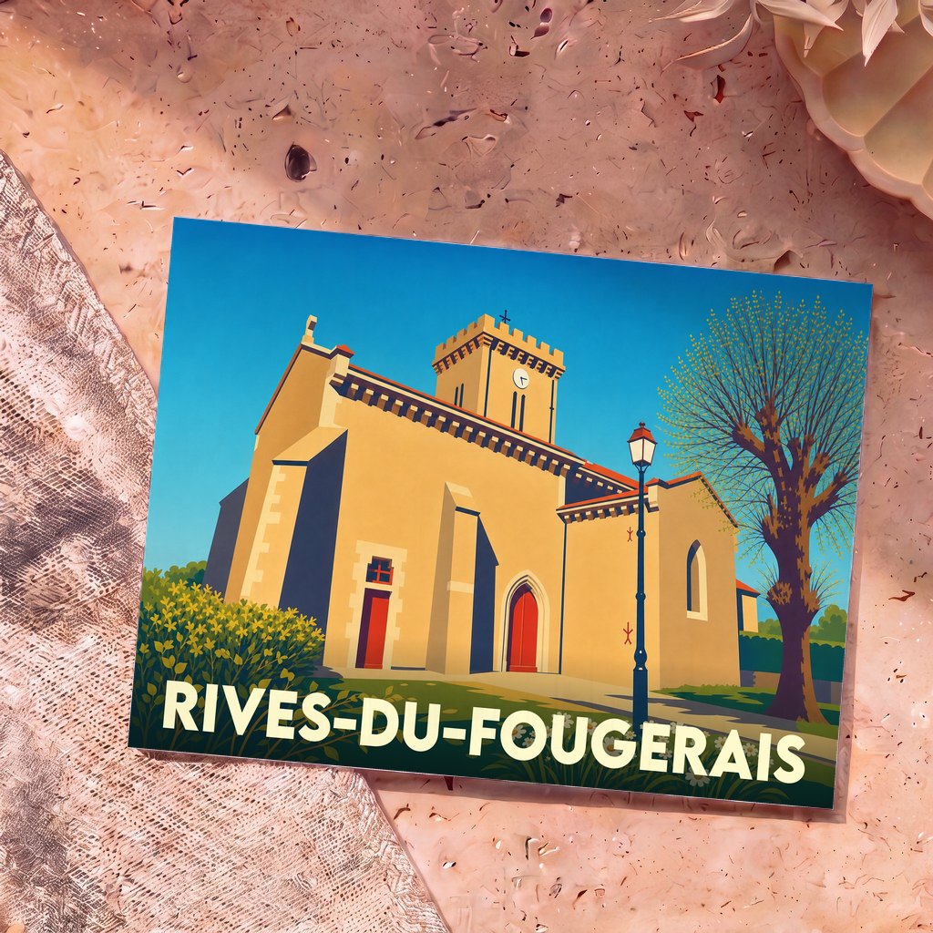 Carte postale souvenir de la ville de Rives-du-Fougerais avec une illustration stylisée de son église.