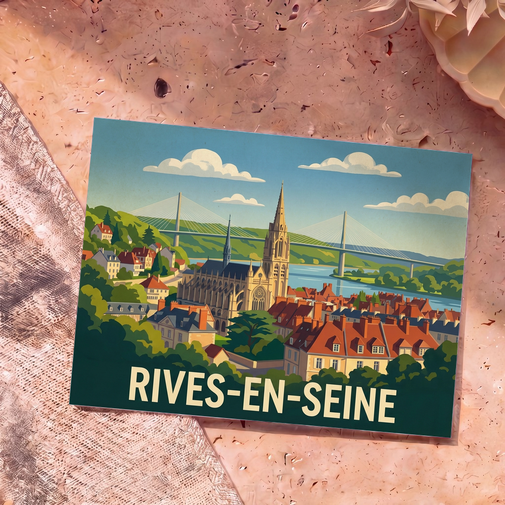 Carte postale souvenir de la ville de Rives-en-Seine avec une illustration stylisée de son église et de son pont.