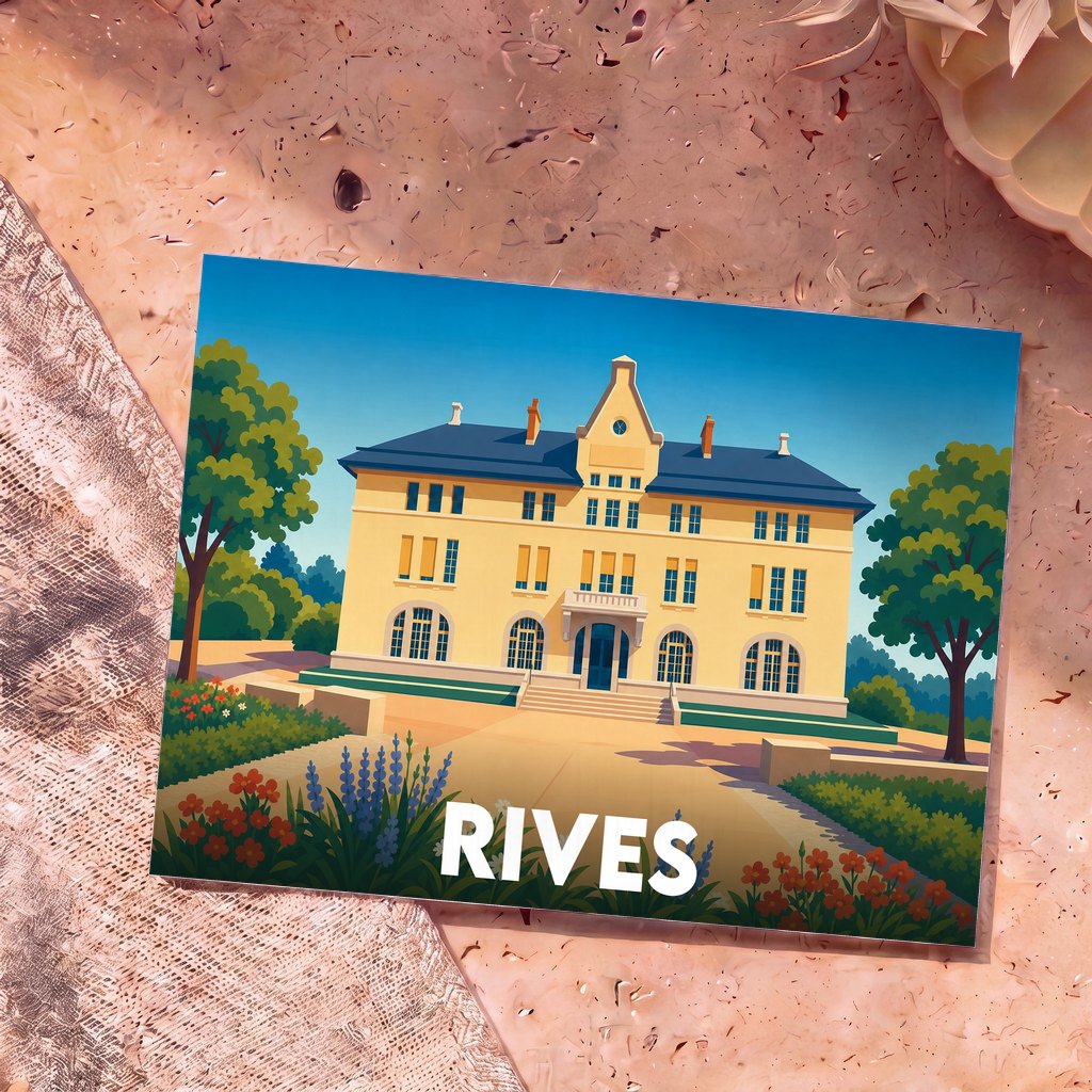 Carte postale souvenir de la ville de Rives avec une illustration stylisée d'un bâtiment historique.
