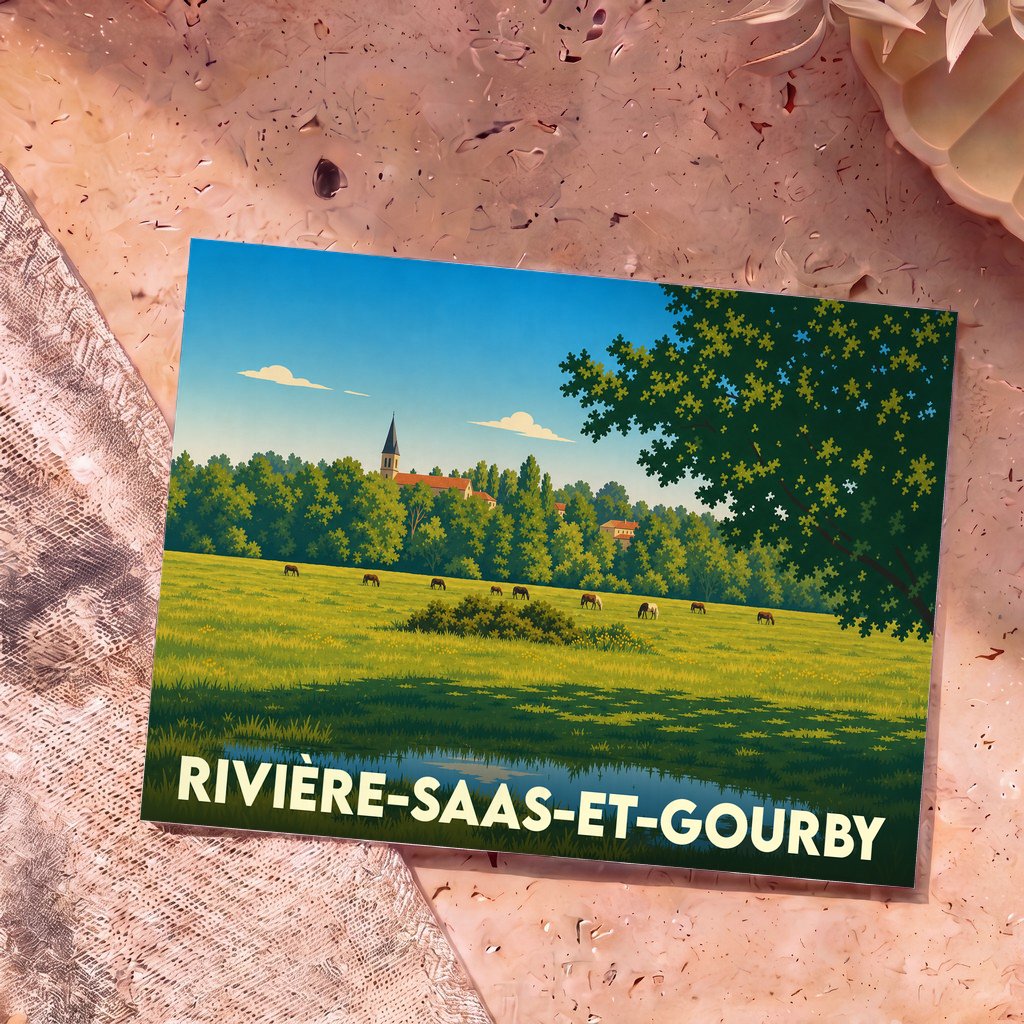 Carte postale souvenir de la ville de Rivière-Saas-et-Gourby avec une illustration champêtre stylisée.