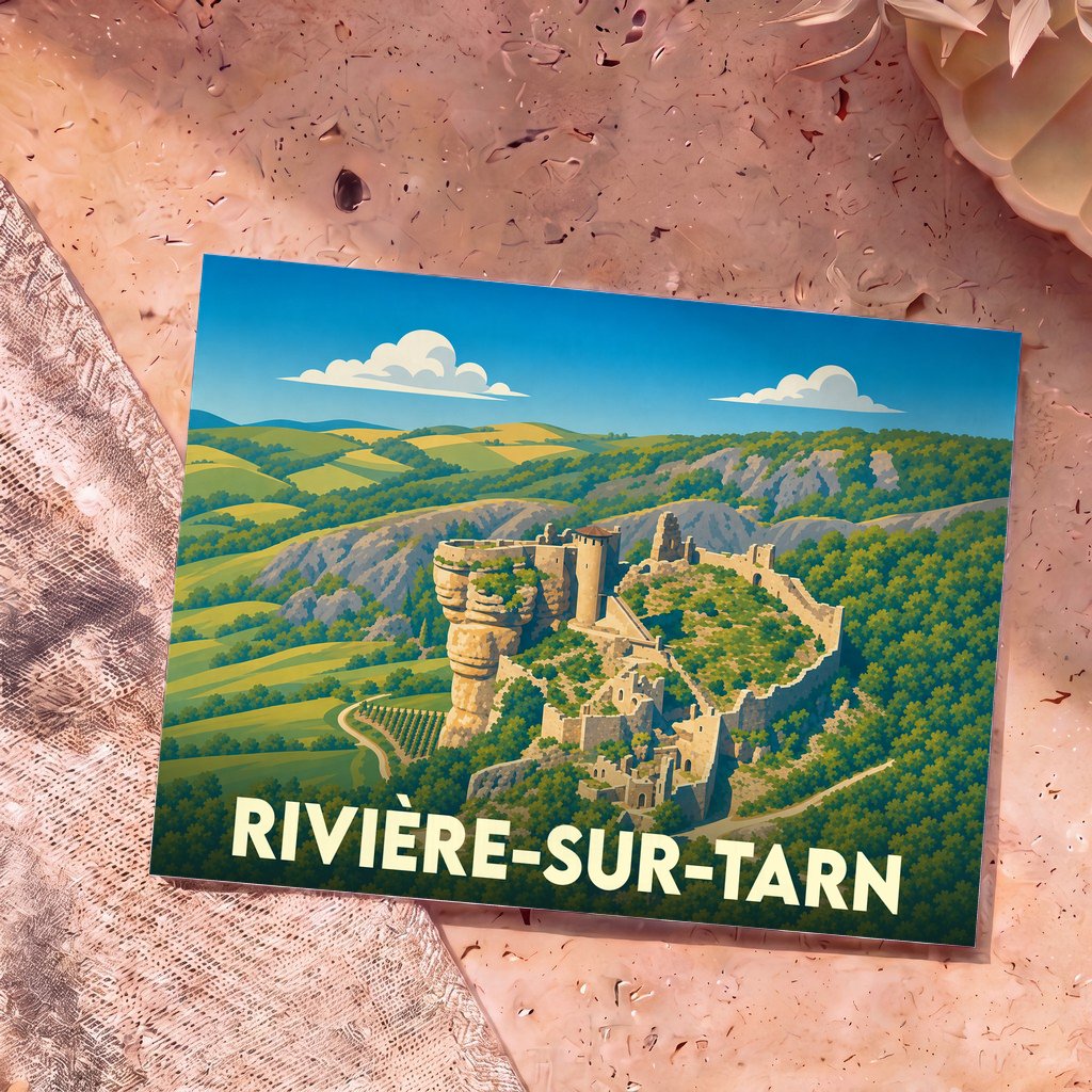 Carte postale souvenir de la ville de Rivière-sur-Tarn illustrant les ruines du château de Peyrelade dans un style graphique épuré.