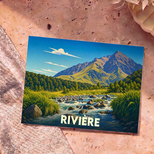 Carte postale souvenir de la ville de Rivière arborant une illustration stylisée d'un paysage montagneux et d'un cours d'eau.
