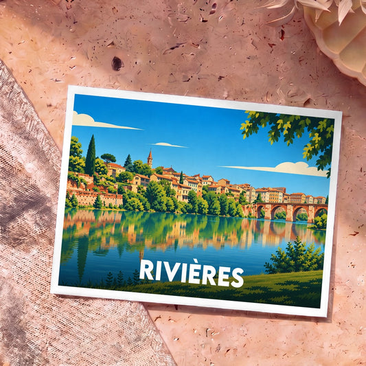 Carte postale souvenir de la ville de Rivières avec une illustration stylisée d'un village en bord d'eau.
