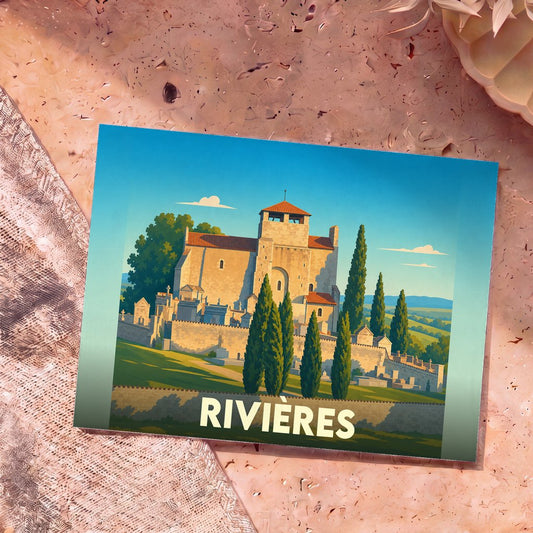 Carte postale souvenir de la ville de Rivières avec une illustration stylisée de son église fortifiée.