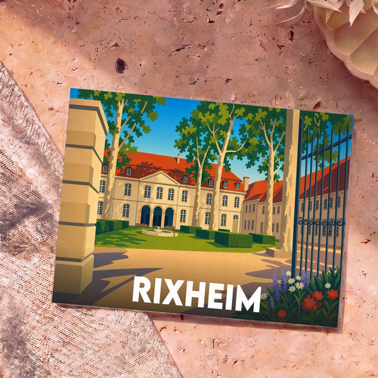 Carte postale souvenir de la ville de Rixheim avec une illustration stylisée de la commanderie.