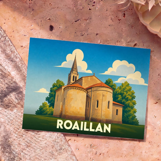 Carte postale souvenir de la ville de Roaillan avec une illustration stylisée de son église.