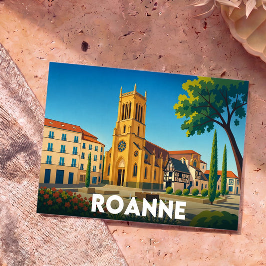 Carte postale souvenir de la ville de Roanne avec une illustration stylisée d'une église et d'une place ensoleillée.