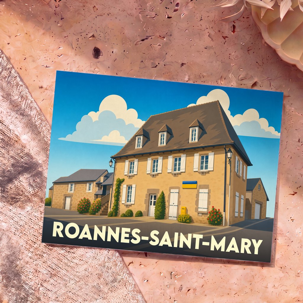 Carte postale souvenir de la ville de Roannes-Saint-Mary illustrant une maison traditionnelle en pierre sous un ciel bleu.