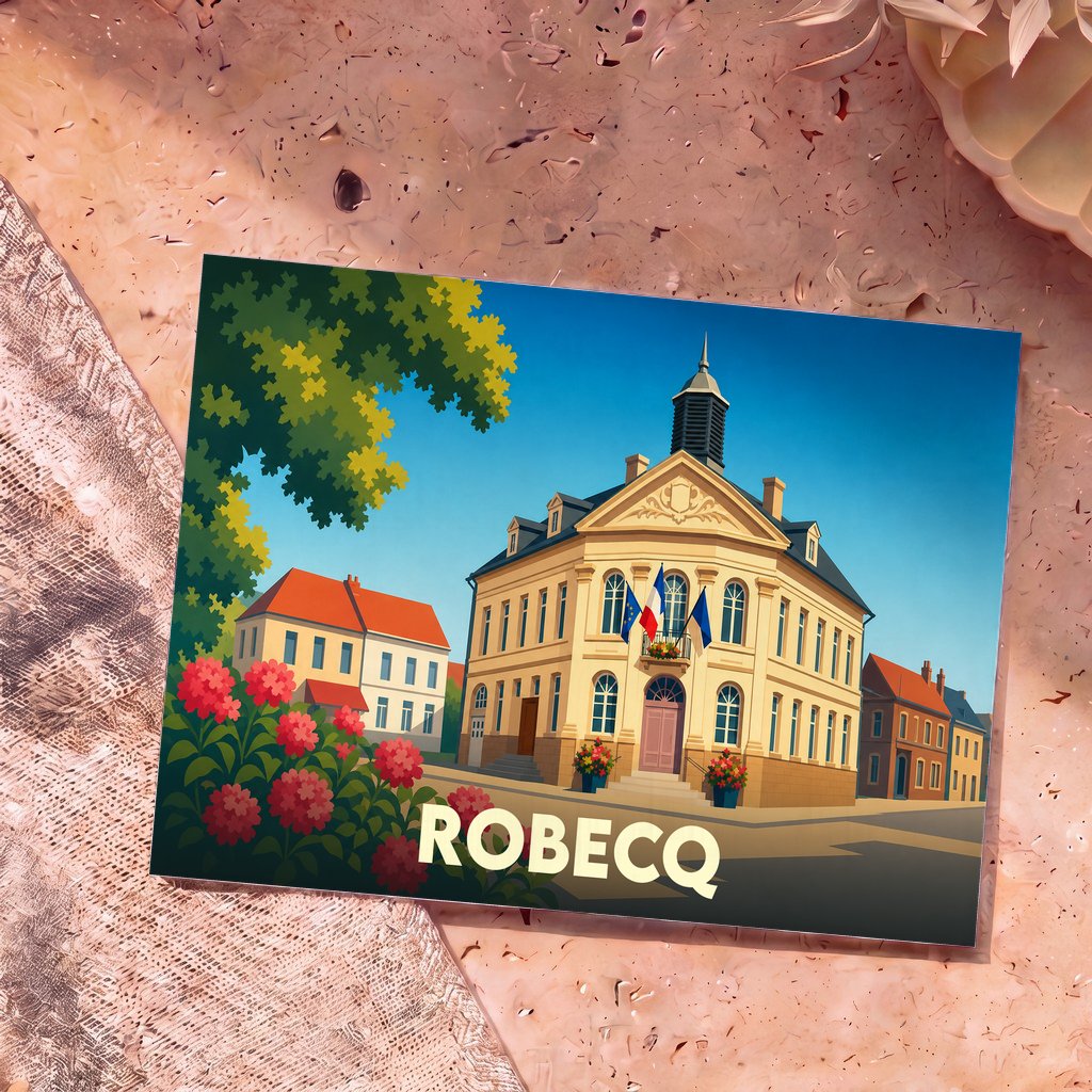 Carte postale souvenir de la ville de Robecq avec une illustration stylisée de son hôtel de ville.