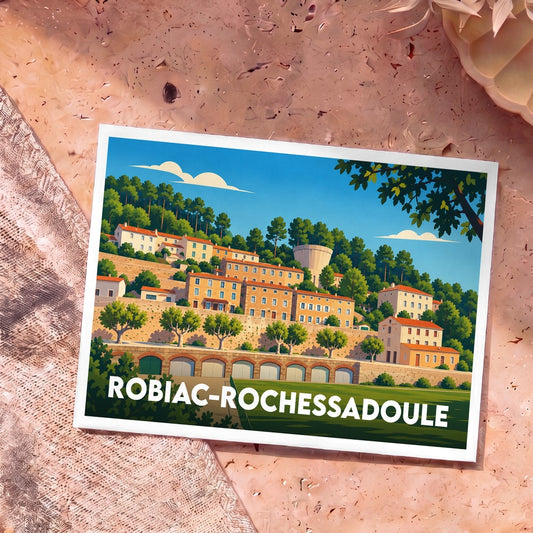 Carte postale souvenir de la ville de Robiac-Rochessadoule avec une illustration stylisée.