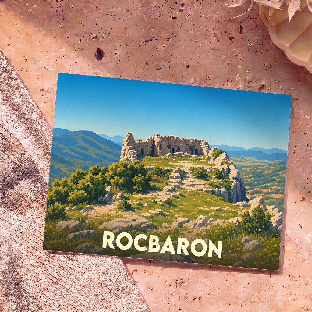 Carte postale souvenir de la ville de Rocbaron avec une illustration stylisée de ses ruines médiévales.