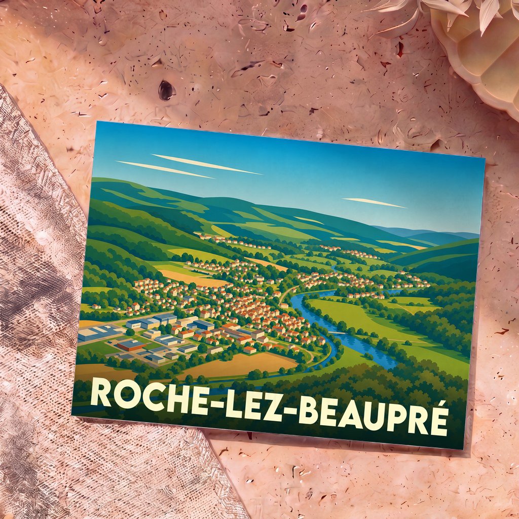 Carte postale souvenir de la ville de Roche-lez-Beaupré avec une illustration panoramique et colorée de la vallée.