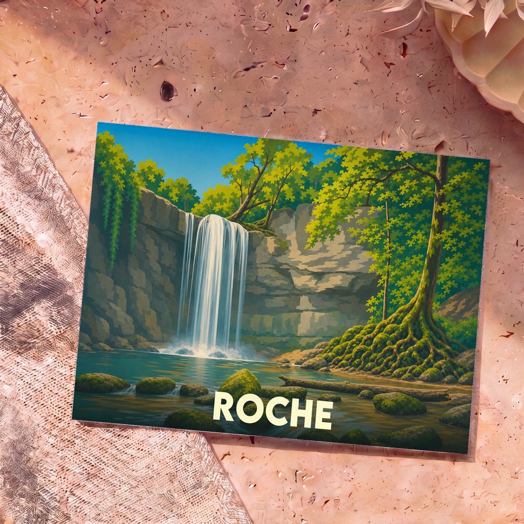 Carte postale souvenir de la ville de Roche avec une illustration stylisée d'une cascade dans une forêt luxuriante.
