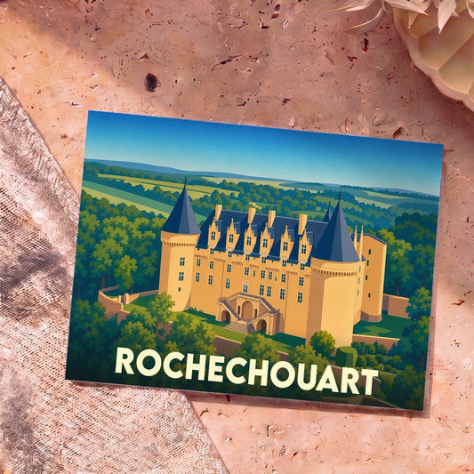 Carte postale souvenir de la ville de Rochechouart illustrant son château avec un style graphique épuré.