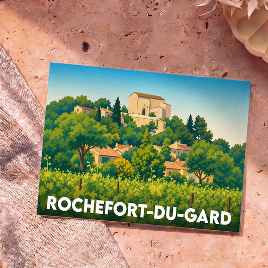 Carte postale souvenir de la ville de Rochefort-du-Gard avec une illustration stylisée de ses collines et vignobles.