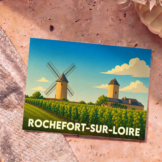 Carte postale souvenir de Rochefort-sur-Loire illustrant un moulin et des vignobles dans un style rétro.