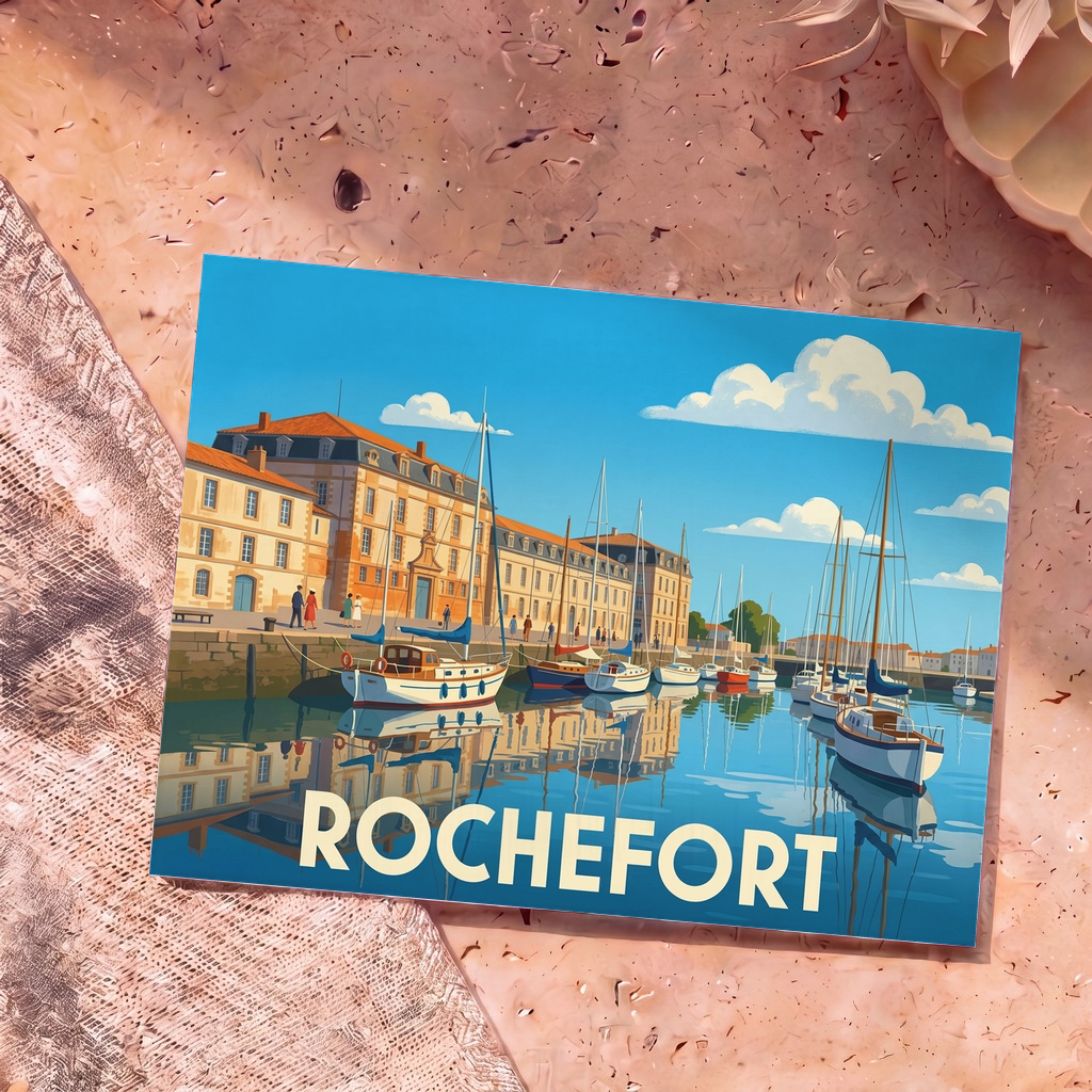 Carte postale souvenir de la ville de Rochefort avec une illustration stylisée de son port et de ses bateaux.