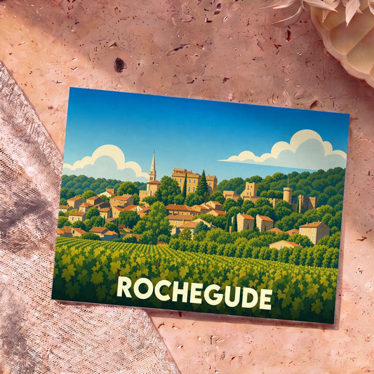 Carte postale souvenir de la ville de Rochegude avec une illustration stylisée de son village et de ses vignobles.