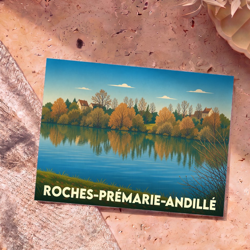 Carte postale souvenir de la ville de Roches-Prémarie-Andillé avec une illustration paysagère d'automne au bord de l'eau.