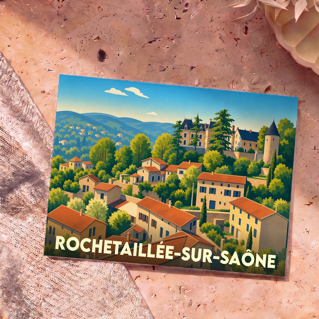 Carte postale souvenir de la ville de Rochetaillée-sur-Saône avec une illustration stylisée de ses maisons et de son château.
