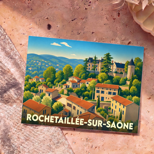 Carte postale souvenir de la ville de Rochetaillée-sur-Saône avec une illustration stylisée de ses maisons et de son château.