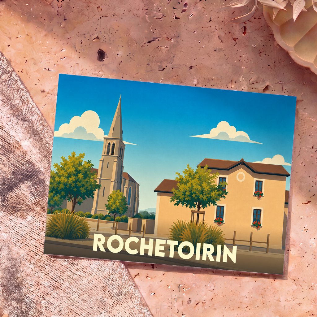 Carte postale souvenir de la ville de Rochetoirin avec une illustration stylisée d'un clocher et d'une maison sous un ciel bleu.