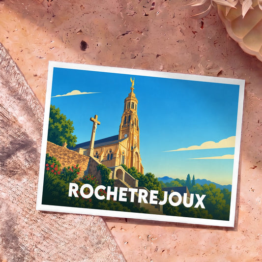 Carte postale souvenir de la ville de Rochetrejoux avec une illustration stylisée de son église.