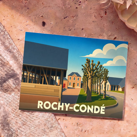 Carte postale souvenir de la ville de Rochy-Condé arborant une illustration stylisée et colorée.