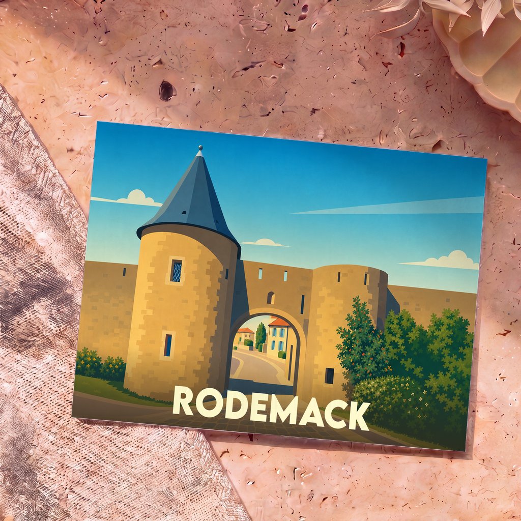 Carte postale souvenir de la ville de Rodemack illustrant sa porte fortifiée dans un style graphique épuré.