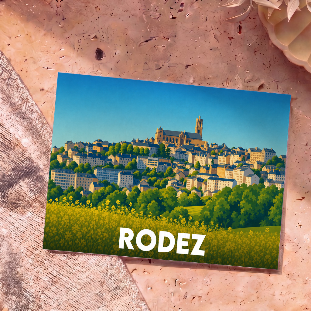 Carte postale souvenir de la ville de Rodez présentant une illustration stylisée et colorée de la cité.