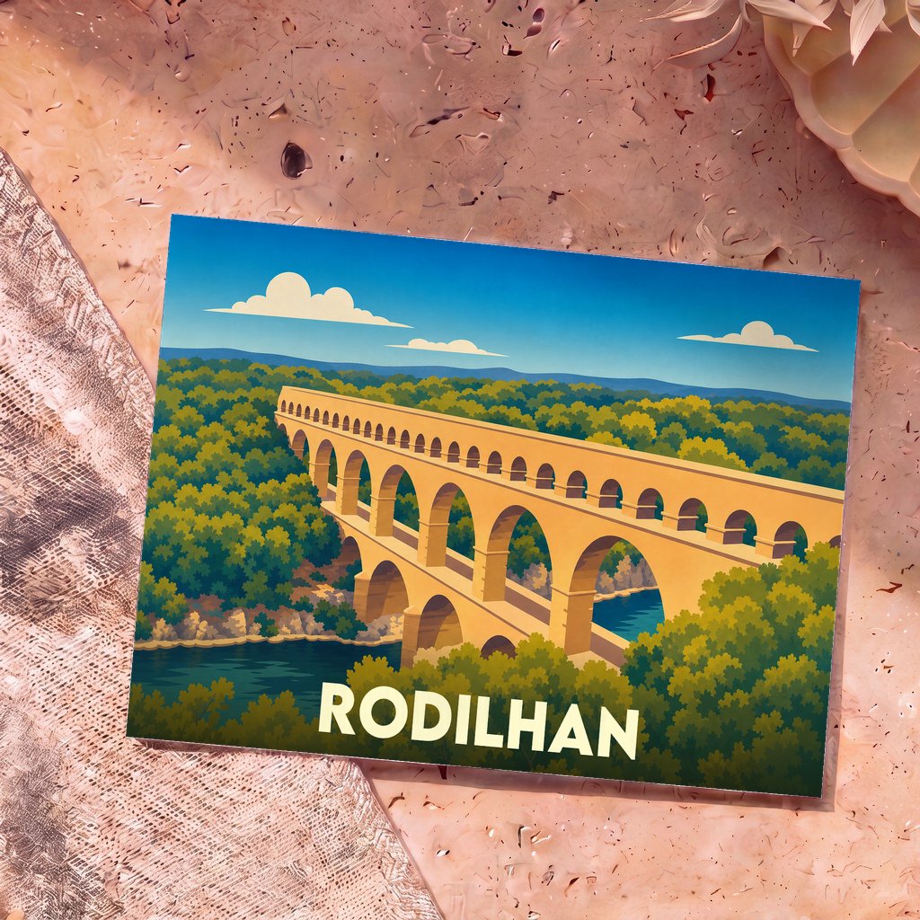 Carte postale souvenir de la ville de Rodilhan avec une illustration stylisée du célèbre Pont du Gard.