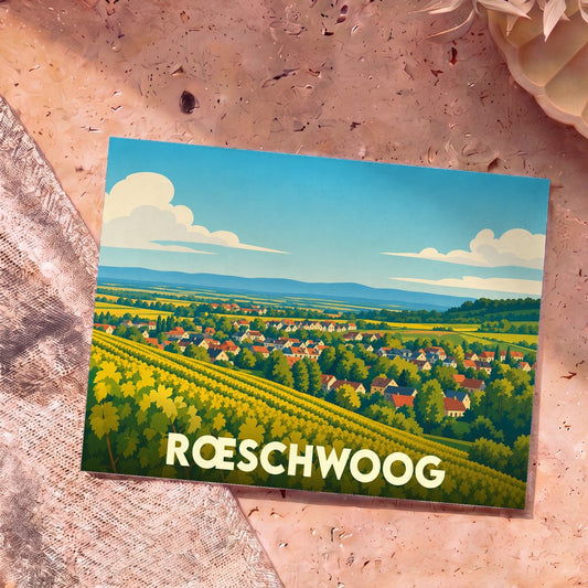 Carte postale souvenir de la ville de Rœschwoog avec une illustration stylisée de vignobles et d'un village alsacien.