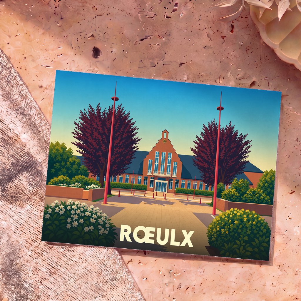 Carte postale souvenir de la ville de Rœulx avec une illustration stylisée de son hôtel de ville.