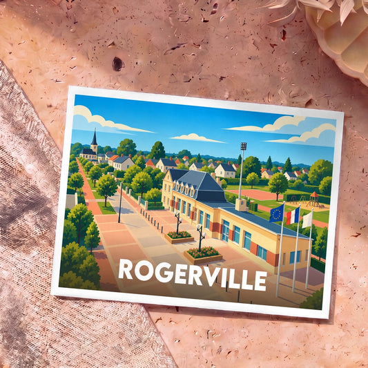 Carte postale souvenir de la ville de Rogerville avec une illustration stylisée et colorée de son centre-ville.