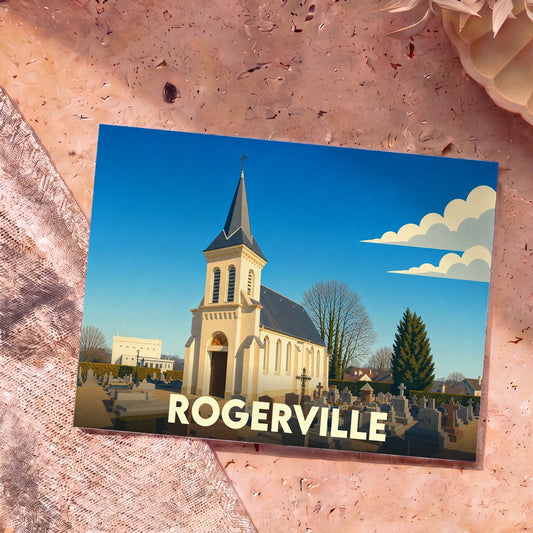 Carte postale souvenir de la ville de Rogerville illustrant une église et son cimetière dans un style graphique épuré.
